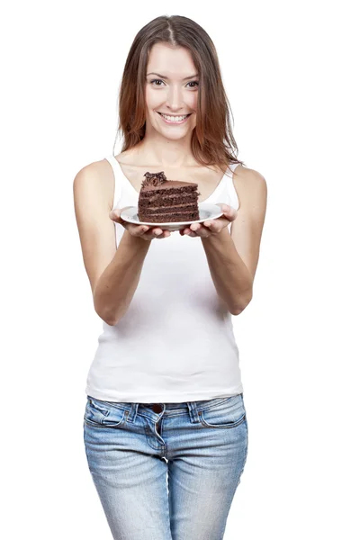 Young woman holding piece of chocolate cake — Stock Photo, Image