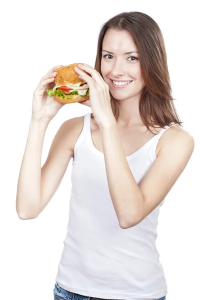 Bella giovane donna in possesso di hamburger — Foto Stock