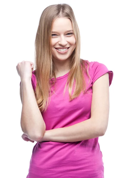 Jovem mulher bonita vestindo camiseta rosa — Fotografia de Stock