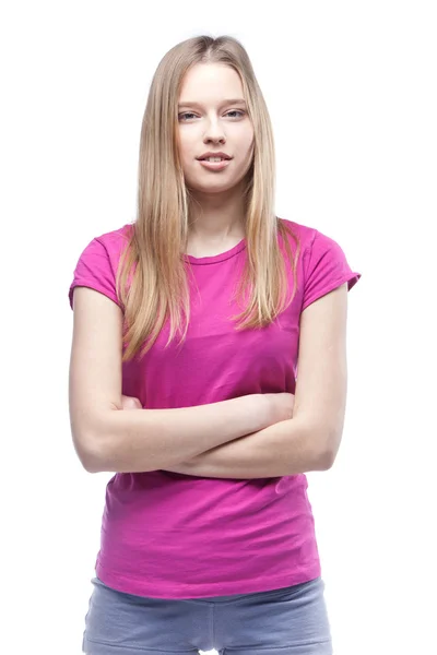 Jovem mulher bonita vestindo camiseta rosa — Fotografia de Stock