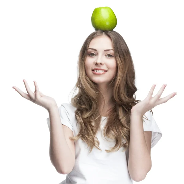 Young beautiful brunette woman with green apple — Stock Photo, Image