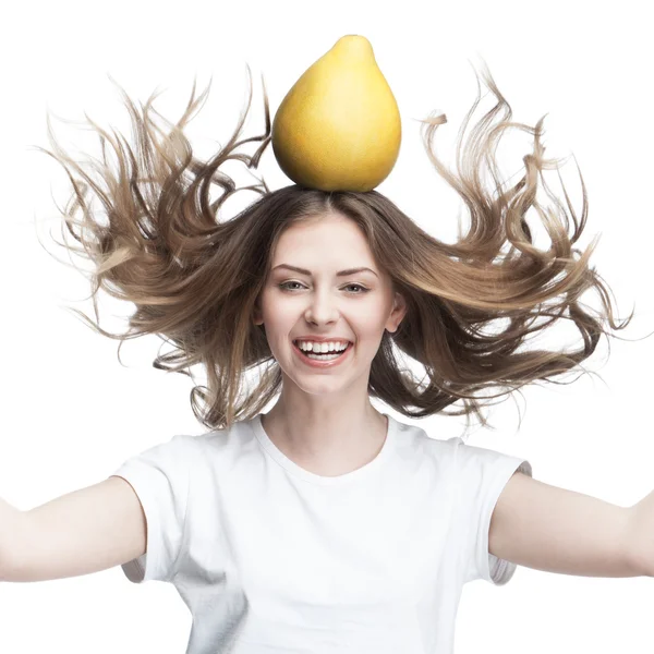 Young beautiful brunette woman with pomelo — Stock Photo, Image