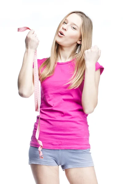 Young beautiful woman holding meter — Stock Photo, Image