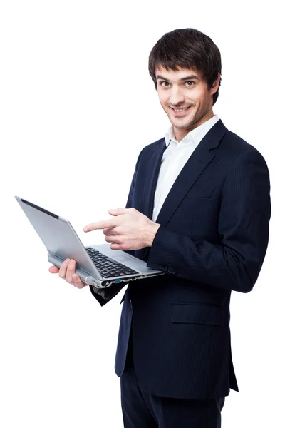 Young businessman use laptop on white background. — Stock Photo, Image