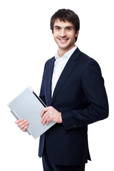 Young businessman use laptop on white background. — Stock Photo, Image