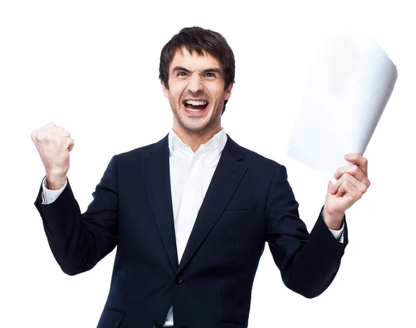 Happy businessman with document — Stock Photo, Image