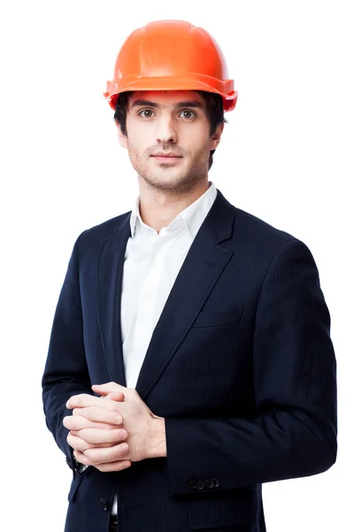 Μηχανικός στο σκληρό καπέλο που απομονώνονται σε λευκό — Φωτογραφία Αρχείου