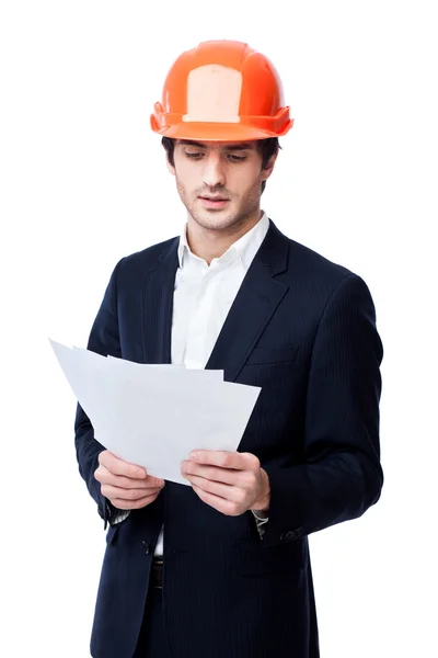 Engineer in hard hat isolated on white — Stock Photo, Image