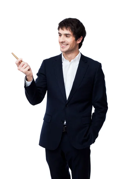 Empresario apuntando con pluma sobre fondo blanco — Foto de Stock