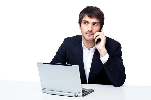 Hombre de negocios con portátil aislado en blanco —  Fotos de Stock