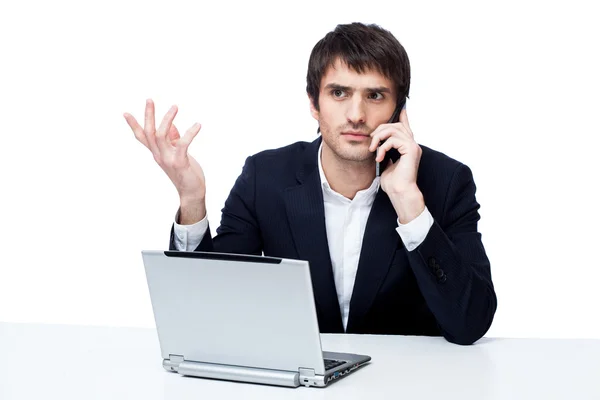Biznesmen z laptopem izolowane na białym — Zdjęcie stockowe