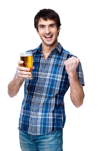 Homme avec verre à bière isolé sur blanc — Photo