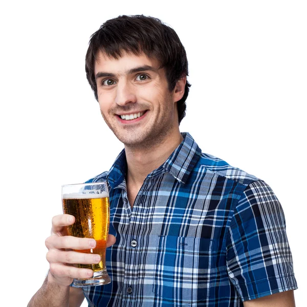 Homem com copo de cerveja isolado em branco — Fotografia de Stock