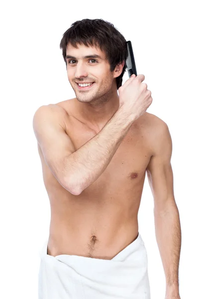 Χαρούμενος νεαρός με την πετσέτα γύρω από τη μέση — Φωτογραφία Αρχείου