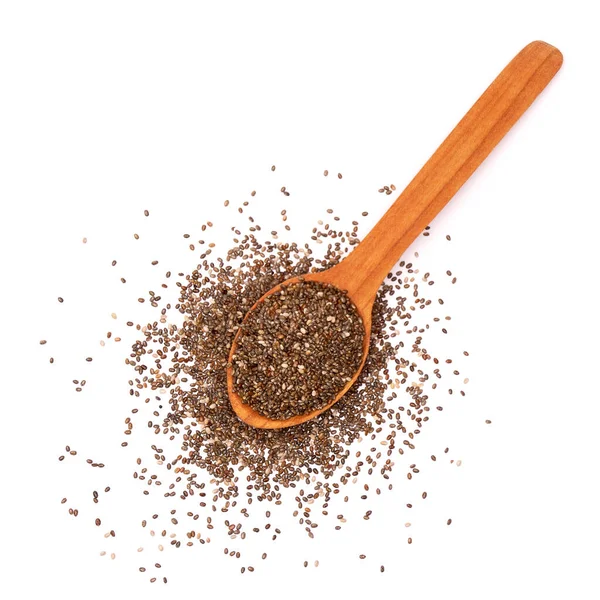 Wooden spoon of organic natural chia seeds close-up isolated — Stock Photo, Image