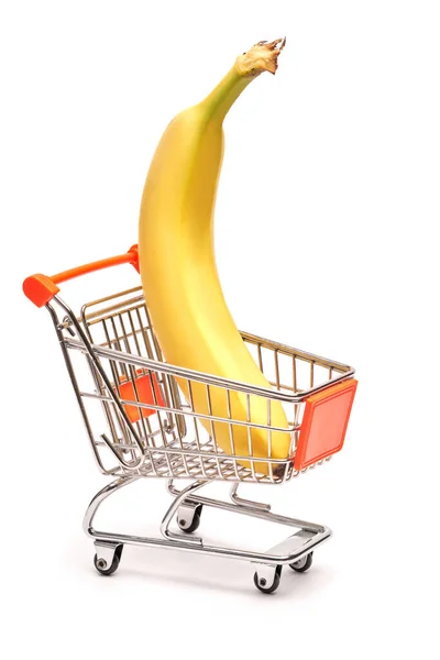 Studio shot of bananas bunch in shopping basket isolated on white background — Stock Photo, Image