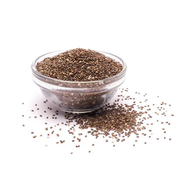 Glass bowl of organic natural chia seeds close-up isolated — 图库照片