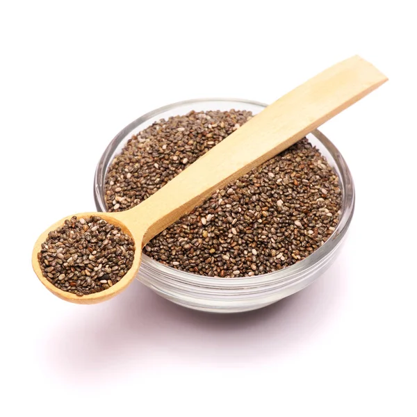 Glass bowl of organic natural chia seeds close-up isolated — 图库照片