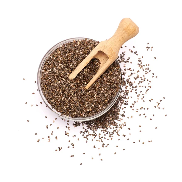 Glass bowl of organic natural chia seeds close-up isolated — Stock Photo, Image