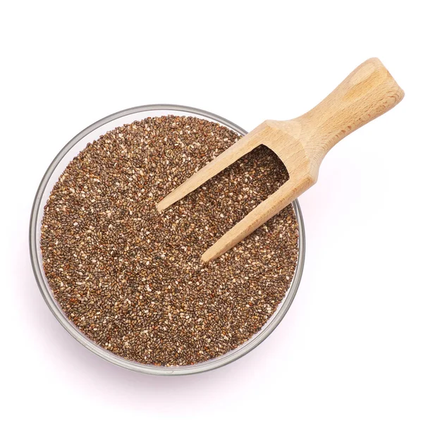 Glass bowl of organic natural chia seeds close-up isolated — 图库照片
