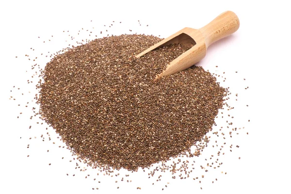 Wooden scoop of organic natural chia seeds close-up isolated — 图库照片