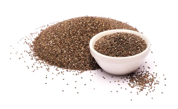 Ceramic bowl of organic natural chia seeds close-up isolated — 图库照片