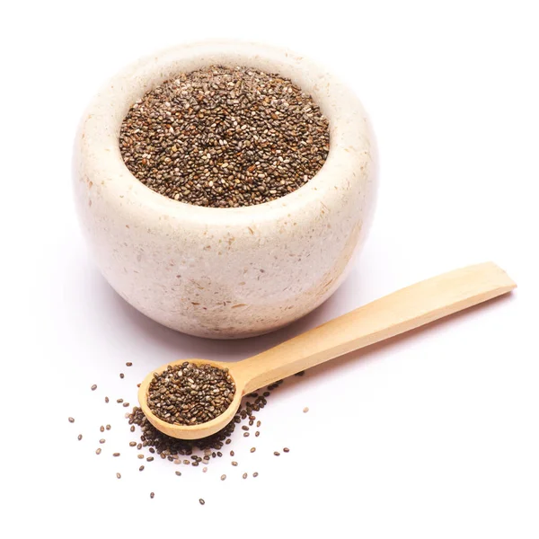 Stone mortar full of organic natural chia seeds close-up isolated on white background — 图库照片