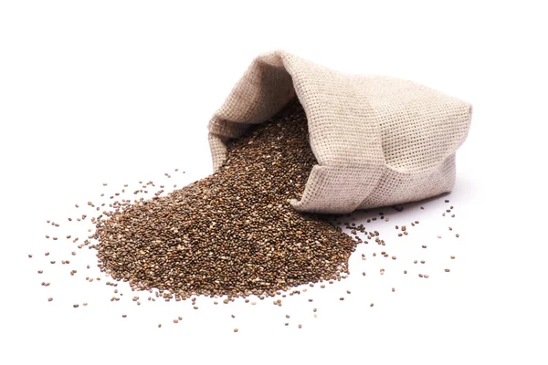 Pouch full of Organic natural chia seeds isolated on white background — 图库照片