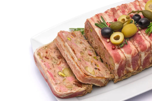 Traditional French terrine covered with bacon isolated on white background — Zdjęcie stockowe