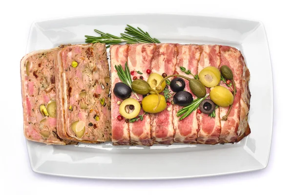 Traditional French terrine covered with bacon isolated on white background — Zdjęcie stockowe