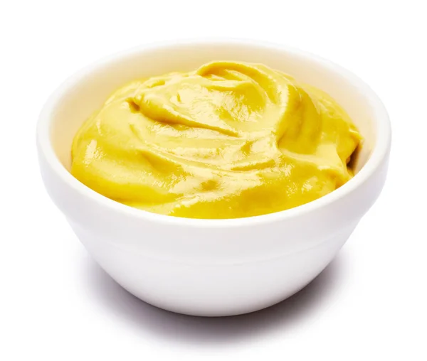 Classic mustard sauce in ceramic bowl isolated on white background — 图库照片