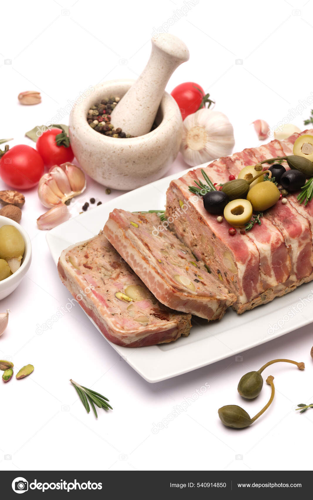 Traditional French terrine covered with bacon isolated on white