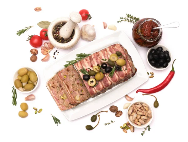 Traditional French terrine covered with bacon isolated on white background — Zdjęcie stockowe