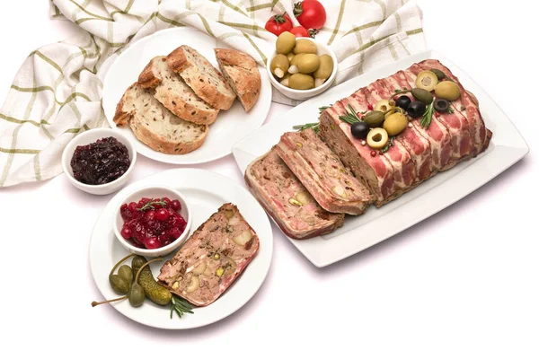 Portion of Traditional French terrine covered with bacon isolated on white background — Zdjęcie stockowe