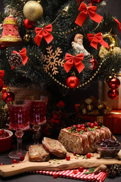 Traditional French terrine covered with bacon and decorated Christmas tree — Stock Photo, Image