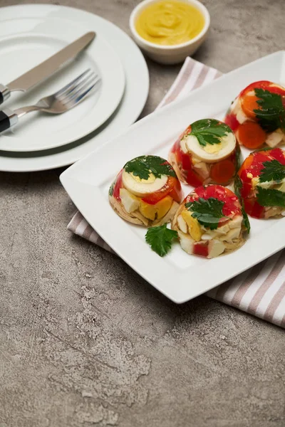 Porção de delicioso aspic de frango em uma placa isolada na mesa de concreto — Fotografia de Stock