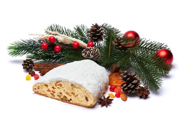Traditional Christmas stollen cake with marzipan and dried fruit isolated on white background — Stock Photo, Image