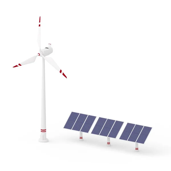Isometrische 3D-Darstellung von Windkraftanlagen und Sonnenkollektoren in weiß-roten Farben isoliert — Stockfoto