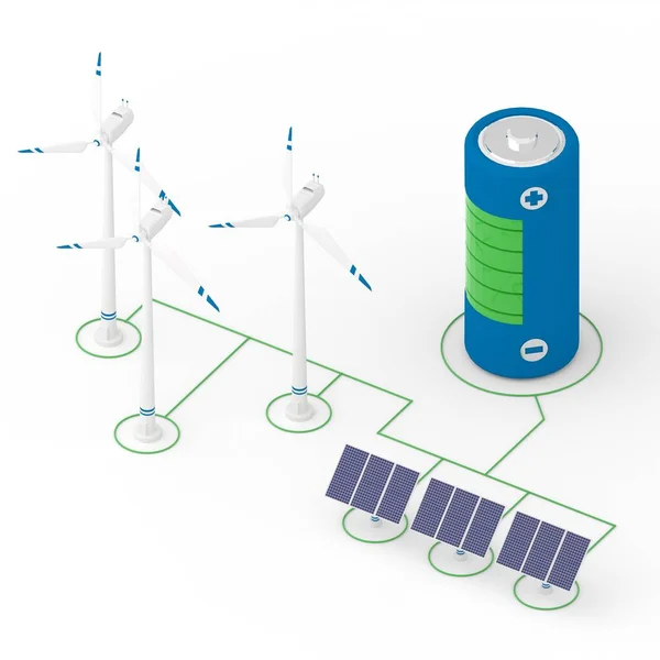 Isometrische 3D-Darstellung des Netzwerks aus Windturbinen, Sonnenkollektoren und Batterie — Stockfoto