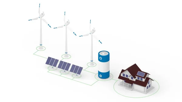 Isometrische 3D-Darstellung des Netzwerks aus Windturbinen, Sonnenkollektoren, Batterie und Haus — Stockfoto