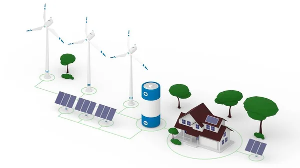 Isometrische 3D-Darstellung des Netzwerks aus Windturbinen, Sonnenkollektoren, Batterie und Haus — Stockfoto