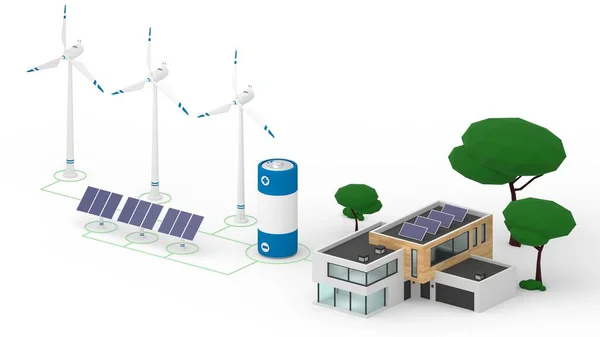 Isometrische 3D-Darstellung des Netzwerks aus Windturbinen, Sonnenkollektoren, Batterie und Haus — Stockfoto