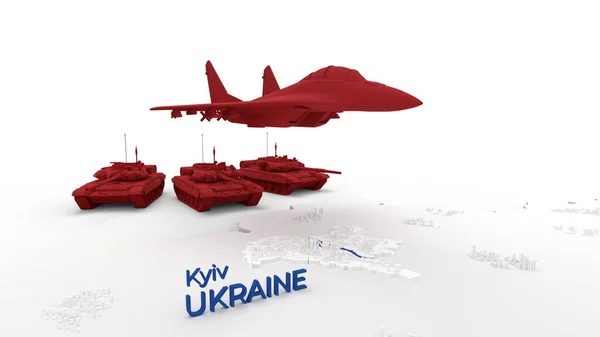 3d-стилізована схематична карта київської столиці кіті України, оточена російськими танками і літаками. — стокове фото
