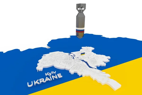 3d stylisé carte schématique de Kiev Kiev capitale cyty de l'Ukraine avec des bombes tombent dessus — Photo