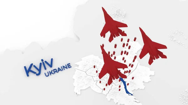 3d stylisé carte schématique de Kiev Kiev capitale cyty de l'Ukraine avec des avions de chasse bombardant — Photo