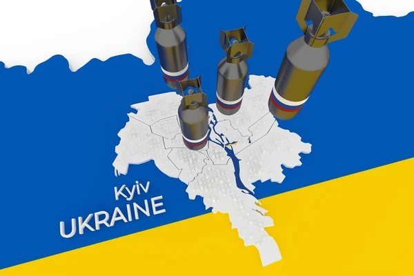 3d stylizowana mapa schemiczna Kijowa stolica Ukrainy z bombami spadającymi na nią — Zdjęcie stockowe