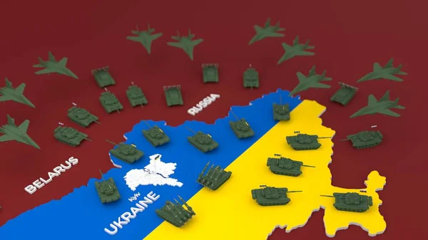 3D stiliserad schematisk karta över Ukraina omgiven av ryska stridsvagnar och militära flygplan — Stockfoto