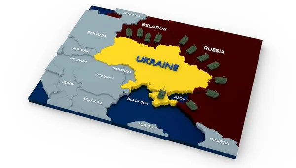 Stylich 3D Map України оточений танками та сусідніми країнами — стокове фото