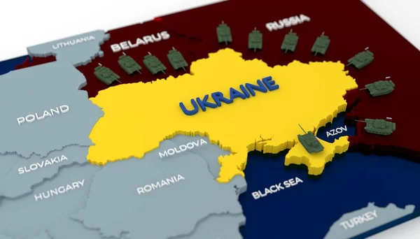 Stylich 3D Mapa Ukrajiny obklopená tanky a sousedními zeměmi — Stock fotografie