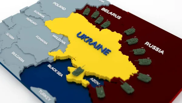 Stylich 3D Mapa Ukrajiny obklopená tanky a sousedními zeměmi — Stock fotografie